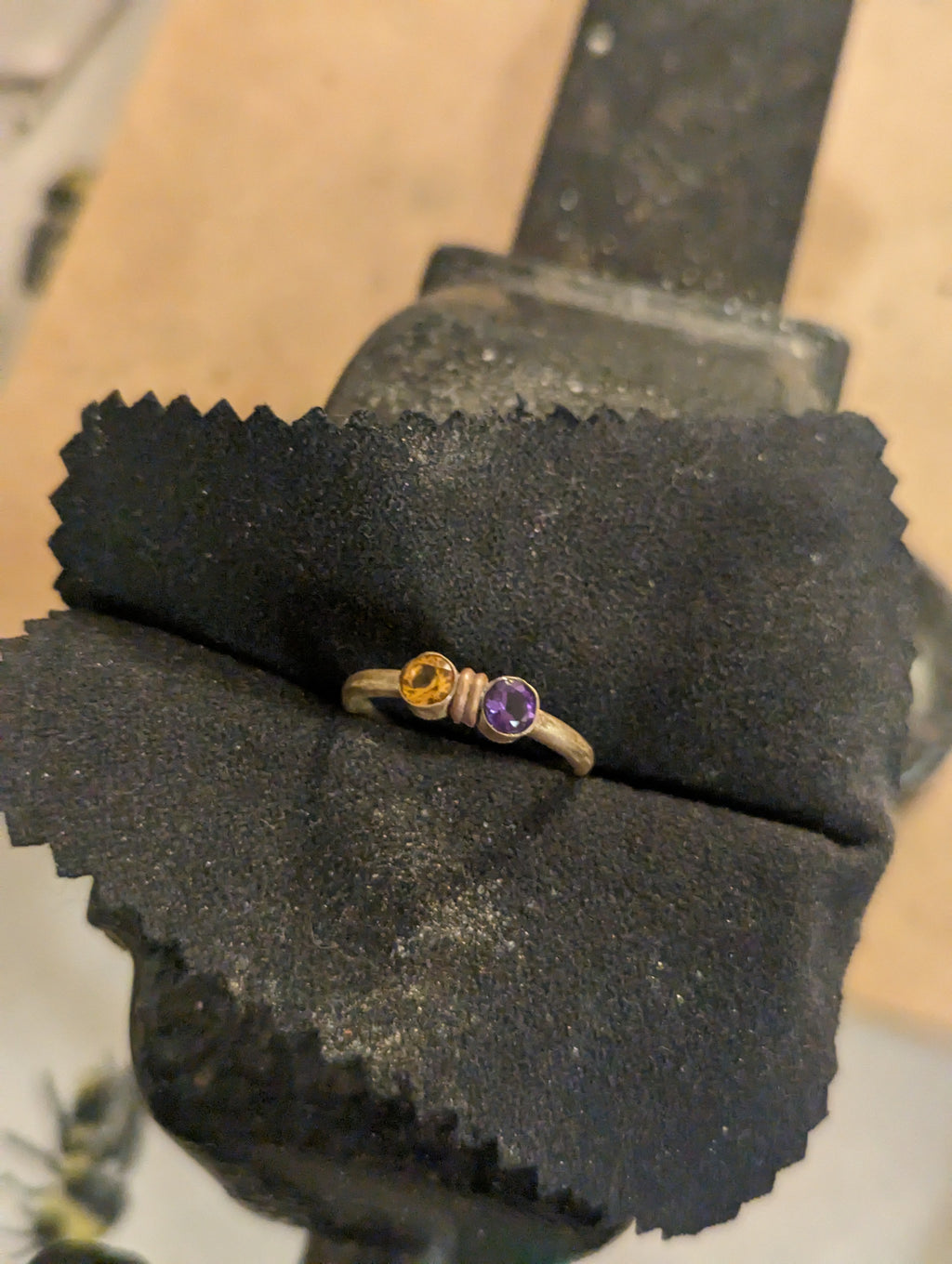 Citrine and Amethyst toi et moi gold ring
