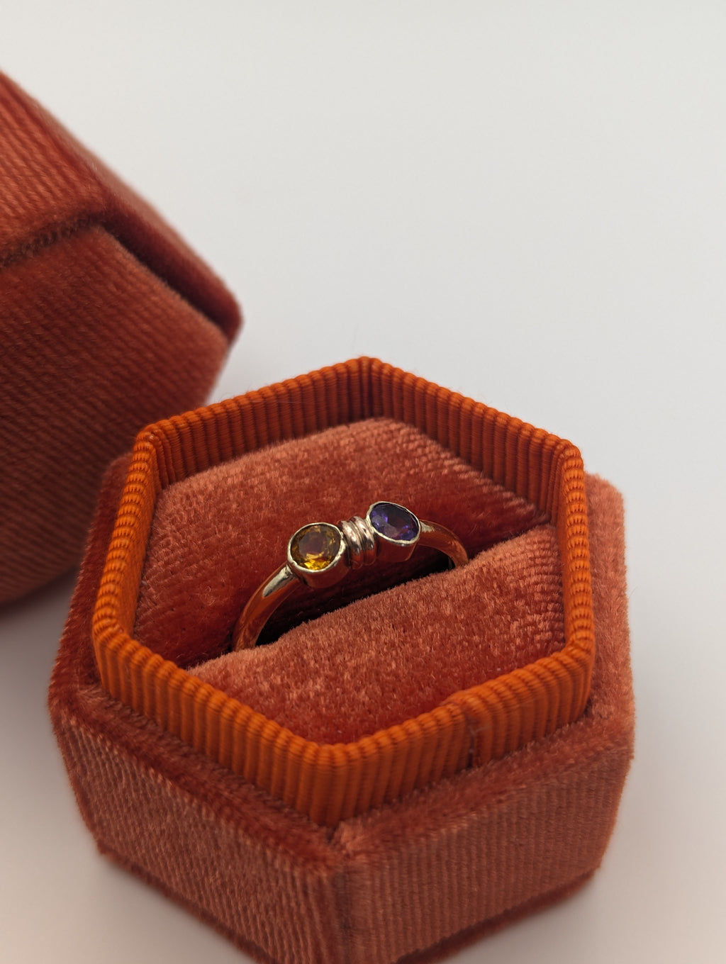 Citrine and Amethyst toi et moi gold ring