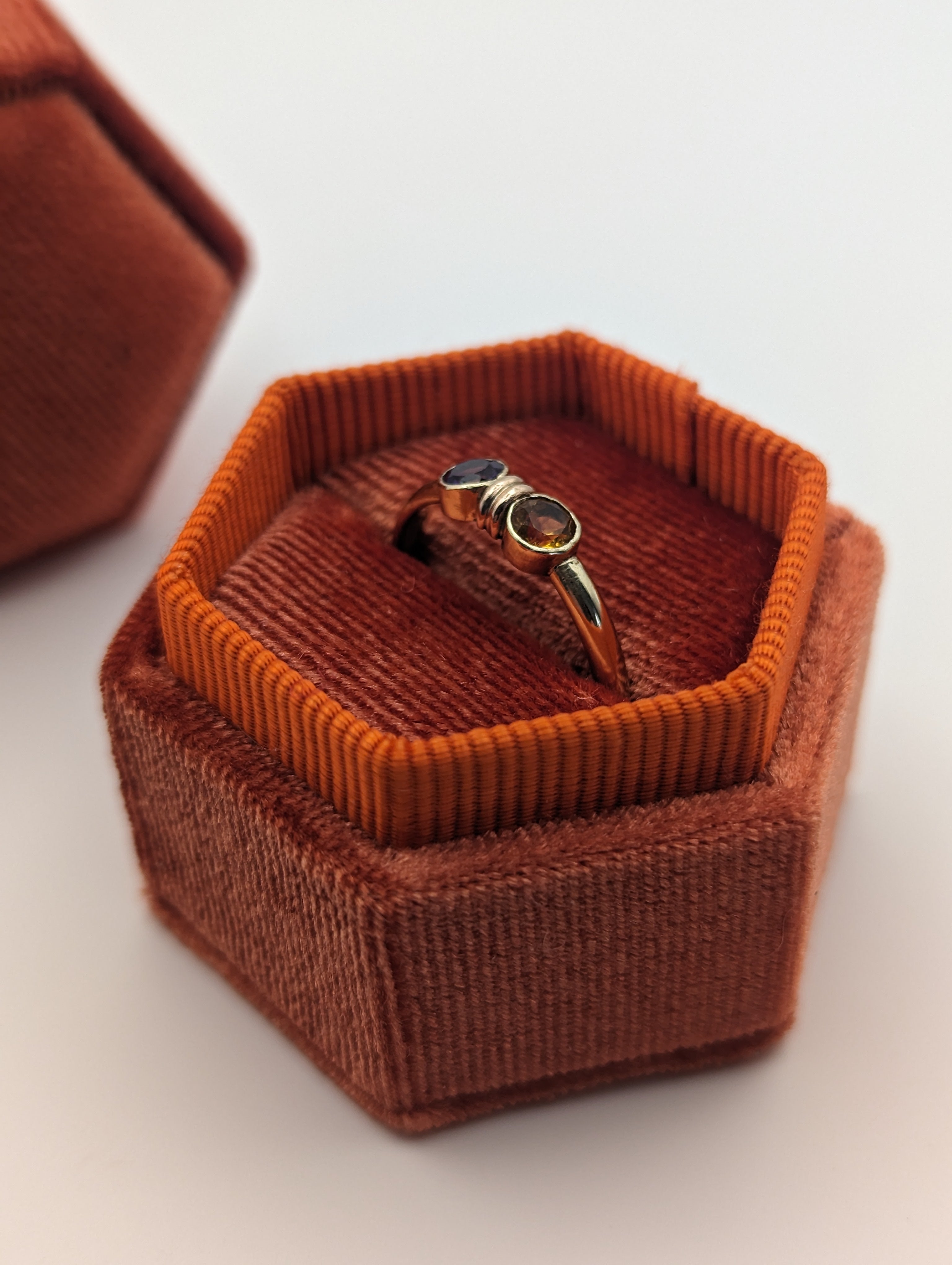 Citrine and Amethyst toi et moi gold ring