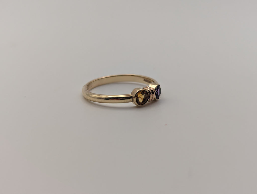 Citrine and Amethyst toi et moi gold ring